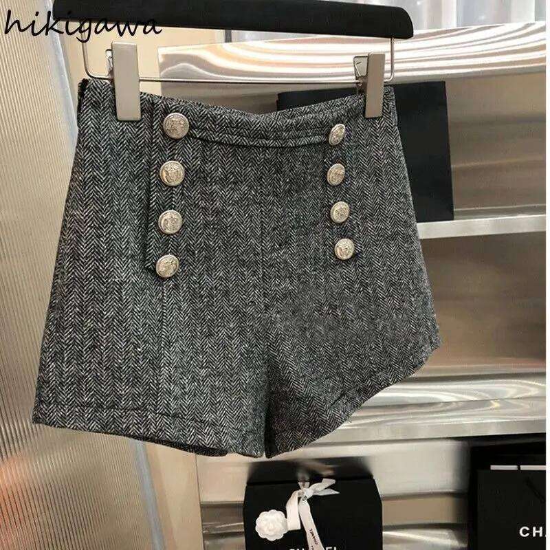Vintage Woolen Shorts for Women High Waist Double-breasted Pants 2025 New Bottoms Temperament Thicked Pantalones Cortos De Mujer XJ260206