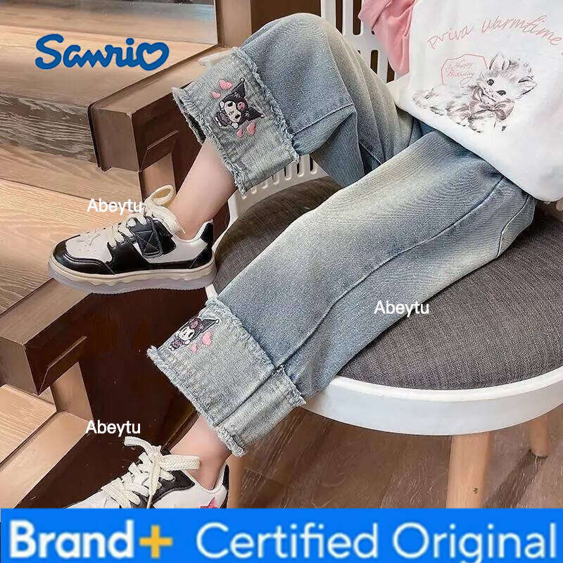 Sanrio Kuromi Girls Jeans Spring Autumn New Wear Outside Kawaii Cartoon Trousers Leisure Wide Leg Pants H260206