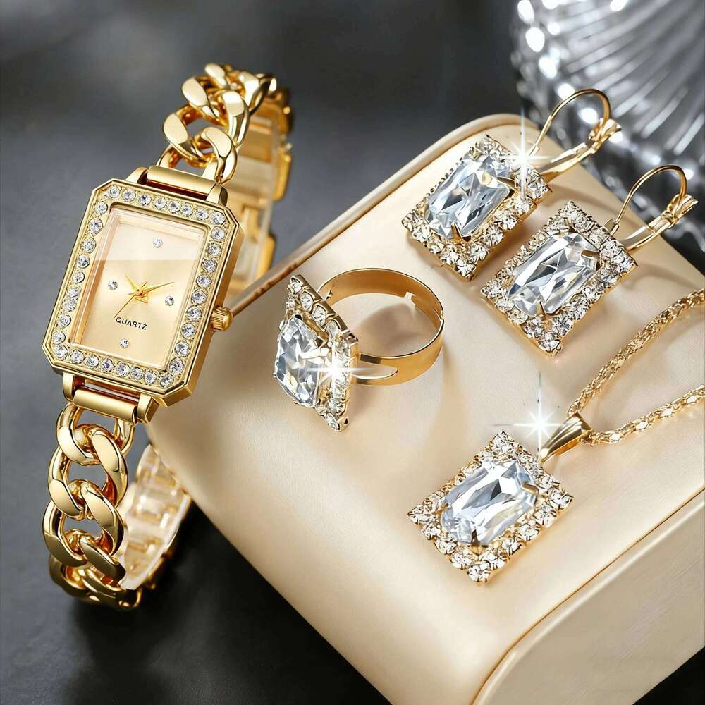 1/5PCS Elegant Women Quartz Watch Earrings Necklace Ring Set Fashion Rectangle Dia Bracelet Band Ladies WristwatchWithout Box Z260206
