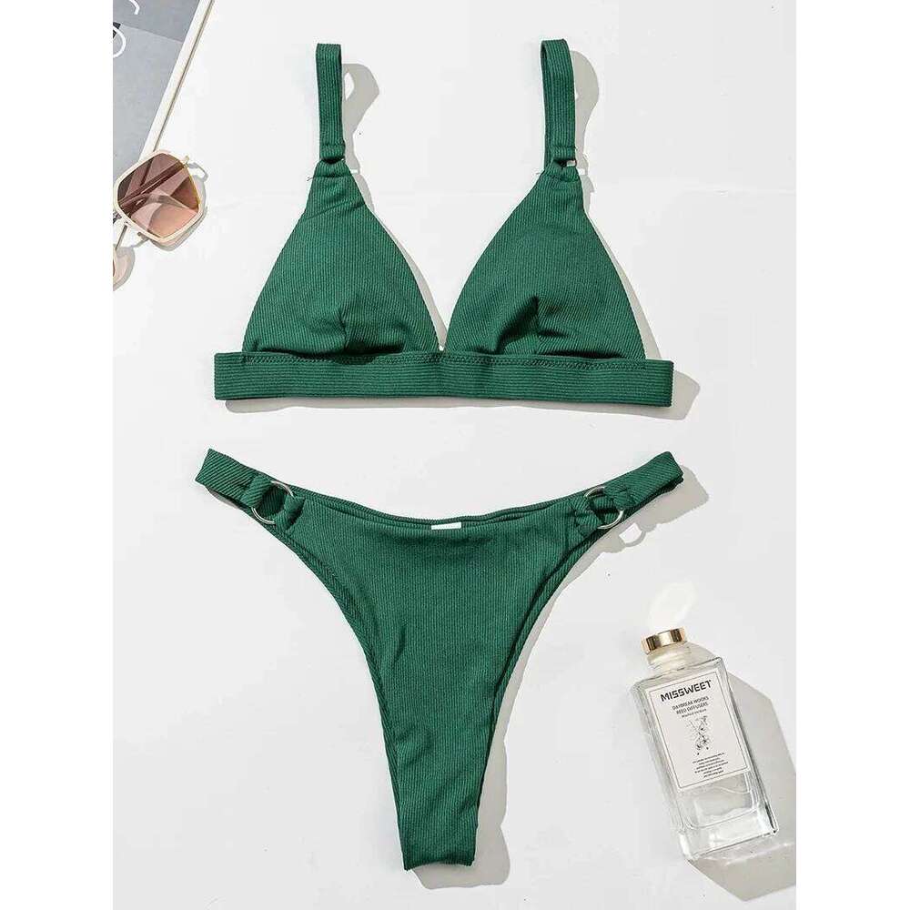 2024 new Sexy High Leg Cut Ribbed Female Swimsuit Halter Brazilian Women Swimwear Push Up Bikini Set Ring Bathing Suit XJ260206