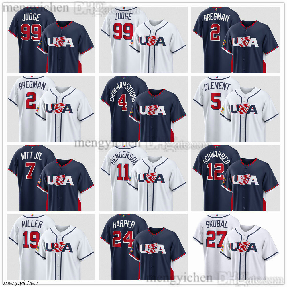 USA Baseball 2026 World Jersey 99 Aaron Judge Cal Raleigh Bryce Harper Bobby Witt Jr. Tarik Skubal Paul Skenes Pete Crow-Armstrong Kyle Schwarber Alex Bregman Men Youth