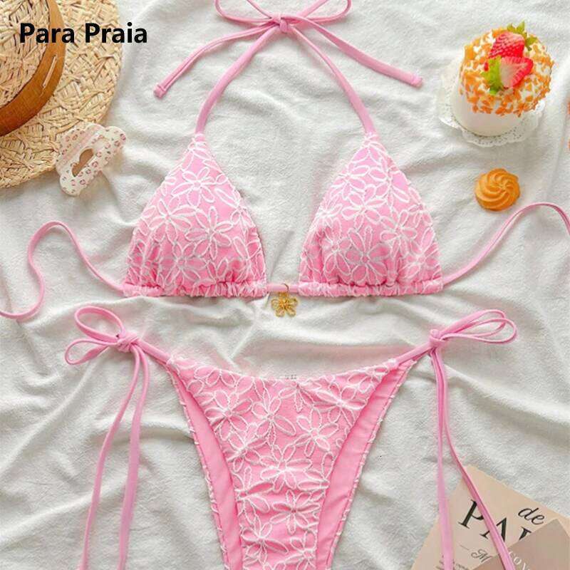 Para Praia Thong Swimsuit Women Halter Micro Bikini Set 2025 Floral Swimwear Brazilian Bathing Suit Beachwear XJ260206