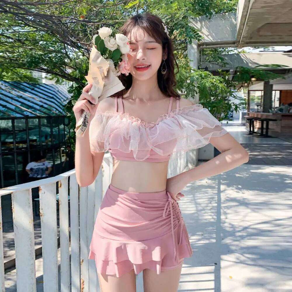 Slim Fit A-line Skirt Swimsuit Puff Ruffle Beachwear Lace Ruffled Bathing Suit Off Shoulder Two Pieces Set Swimwear Ladies Z260206