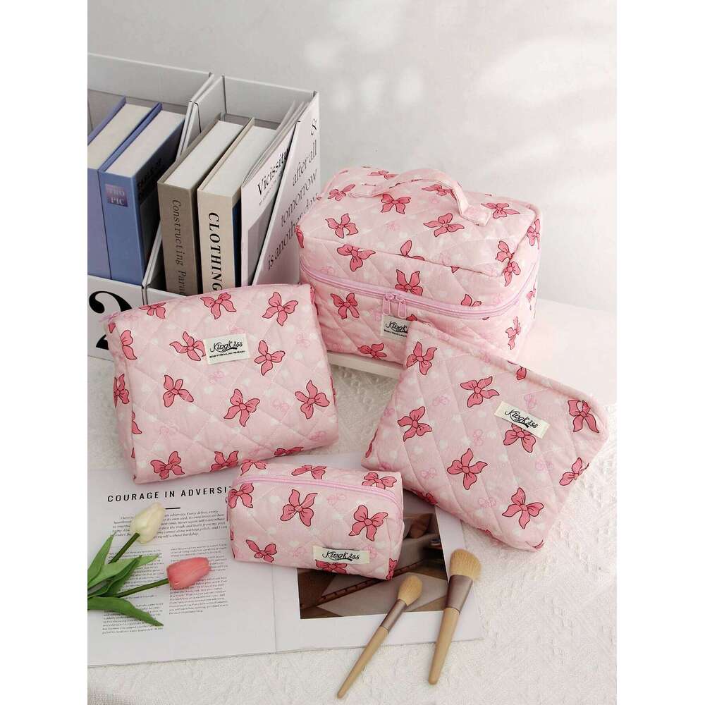 1pc/set pink quilted ribbon bow pattern design, large capacity cute toiletry bag, travel storage makeup bag Y260206