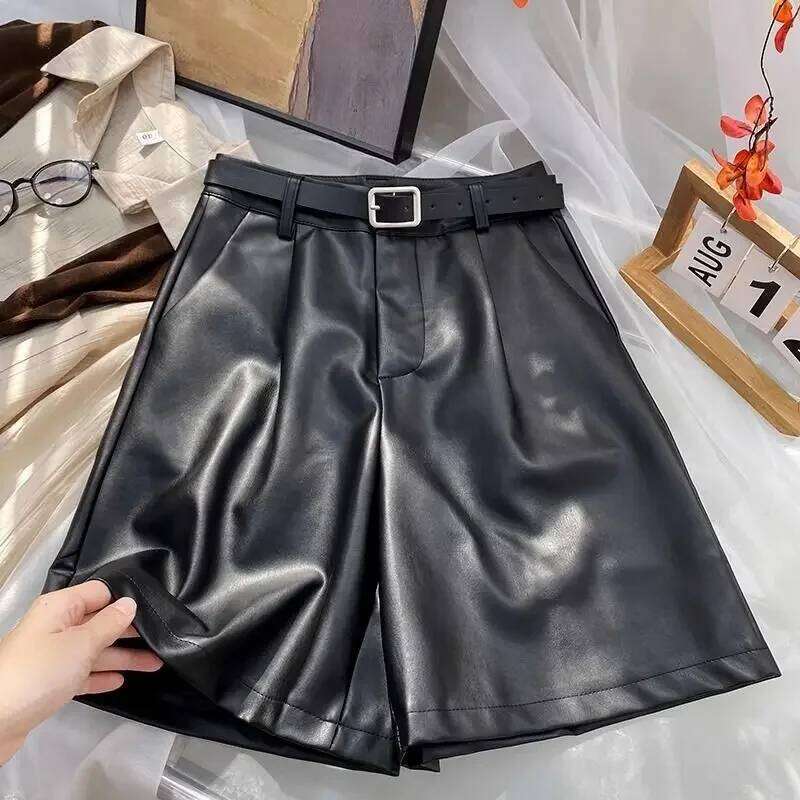 Women Shorts PU Leather Autumn Vintage BF Unisex Loose Wide Leg Bottoms British Stylish Chic Streetwear High Waist Smooth Simple XJ260206
