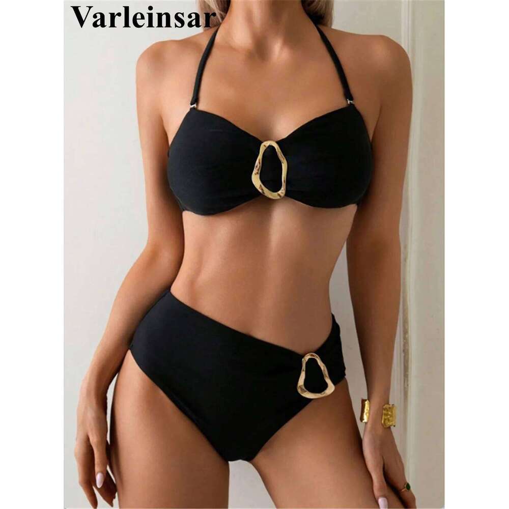 S - XL Metal Ring Halter Female Swimsuit High Waist Women Swimwear Two-pieces Bikini set Bather Bathing Suit Swim V6933 XJ260206