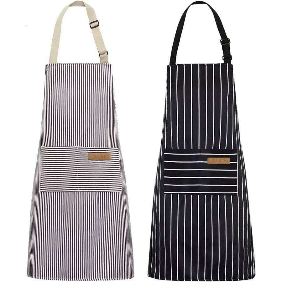 White Black Striped Man Woman Home Restaurant Kitchen Baking Nail Bib Oil Repellent Work 2 Pockets Adjustable Clean Apron S260205