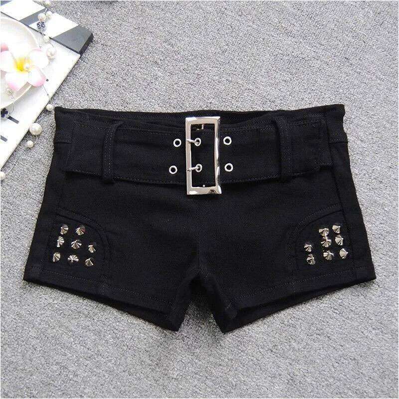 Black Sexy Hot Girl Low-Waisted Jean Woman American Retro Elastic Slim Ultrashort Jeans Gothic Y2K Rivet Denim Shorts XJ260206