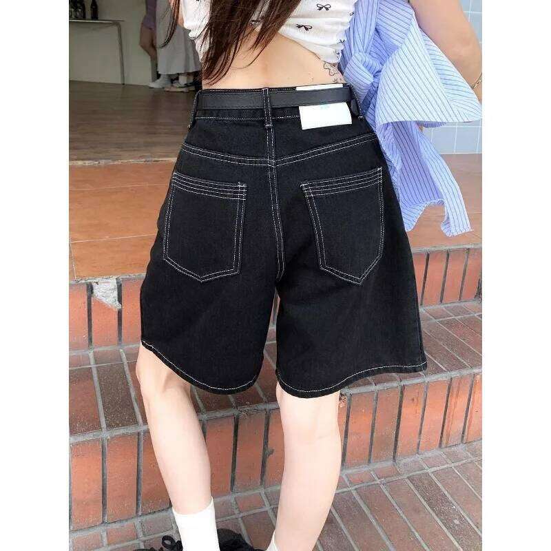 Denim Women's Straight Hong Kong Style Loose Black Mid-pants Summer Thin High-waisted Mid-length Shorts XJ260206