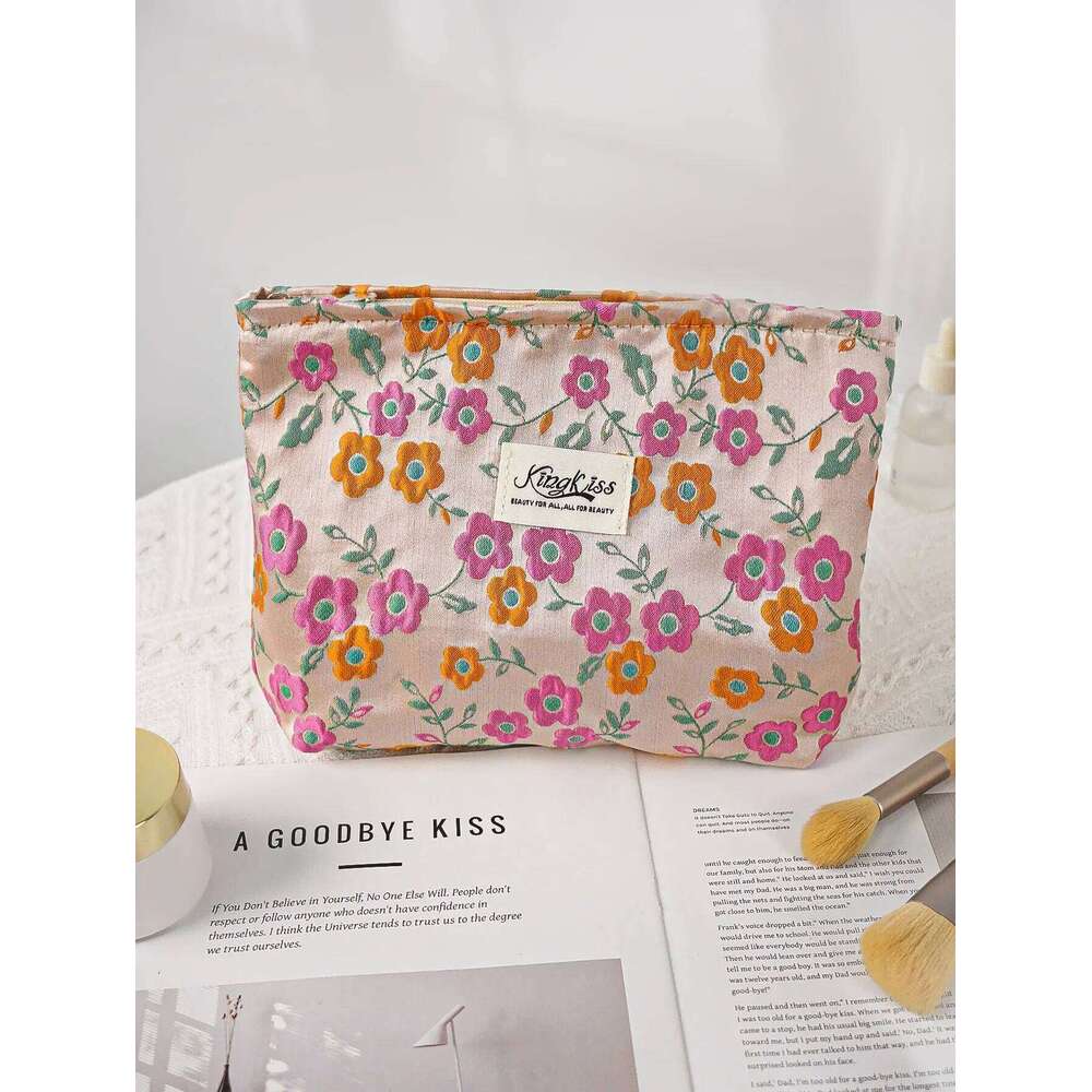 1pc/set orange pink flower cute floral multifunctional clutch bag, festival makeup bag Y260206