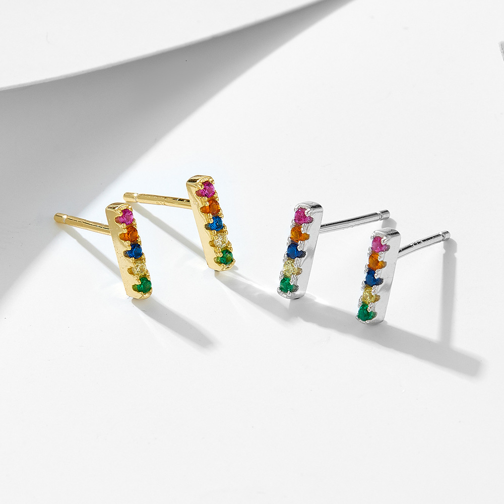 s925 sterling silver linear micro-inlaid colorful zirconia stud style, simple and versatile square bar earrings, small accessories