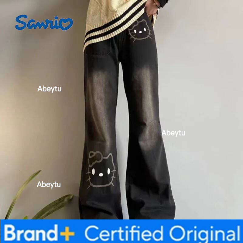 Sanrio Hello Kitty 2025 New Children Jeans Kawaii Girls Autumn High Waist Black Wide Leg Straight Pants Holiday Birthday Gifts H260206