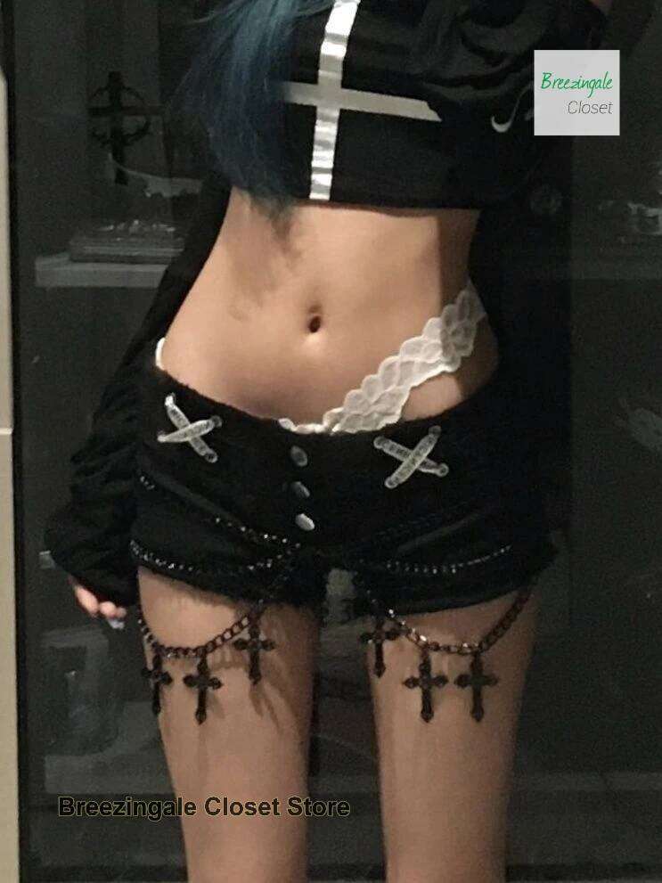 American y2k plus size washed ribbon cross-burr denim shorts women's summer new spice girls low waist slim slimming hot pants. XJ260206