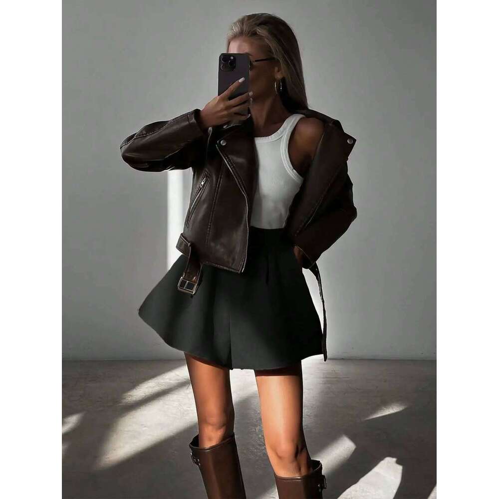 Ladies' autumn clothing solid color black elegant commuting loose fitting A pocket shorts and skirts C260206