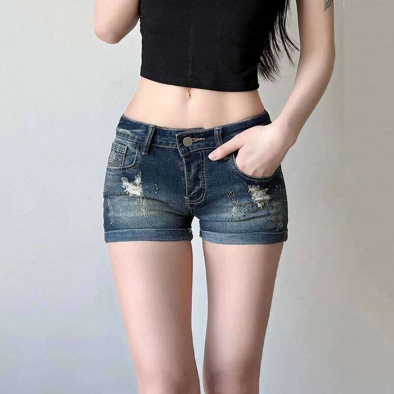 Summer Women Hole Denim Sexy Low Waist Slim Fit Hot Rhinestones Short Jeans Woman Retro Y2K Streetwear Roll Up Hem Shorts XJ260206