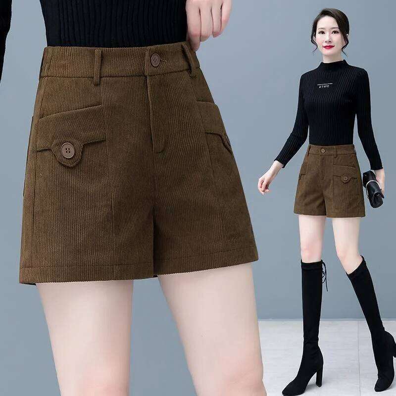 For Women Autumn Winter New Arrival High Waist Loose A Line Wide Leg Slim Fit Corduroy Outerwear Boot Shorts XJ260206