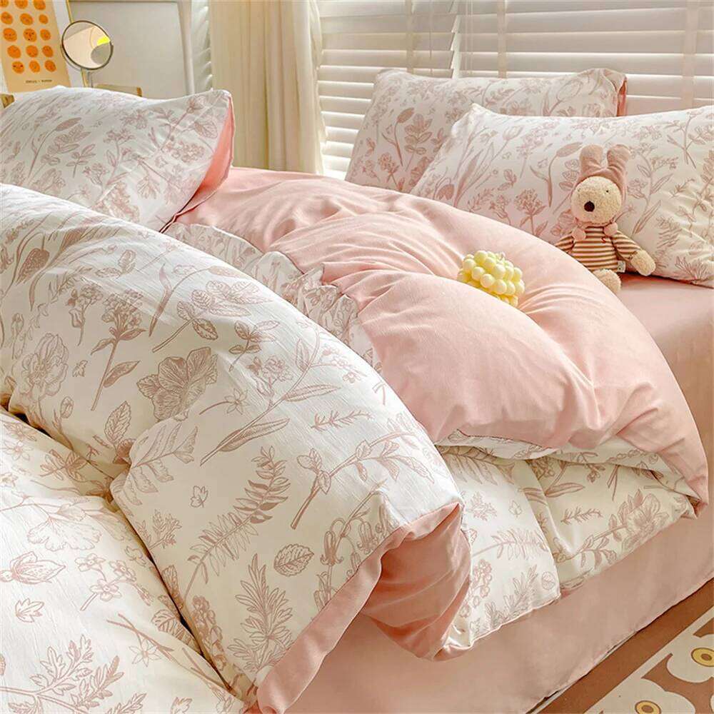 Beautiful Duvet Cover Cute Plant Flower Sheet for Women and Girls Washed Cotton Pillowcase Home Textiles Four-Piece Bed Set XJ260206