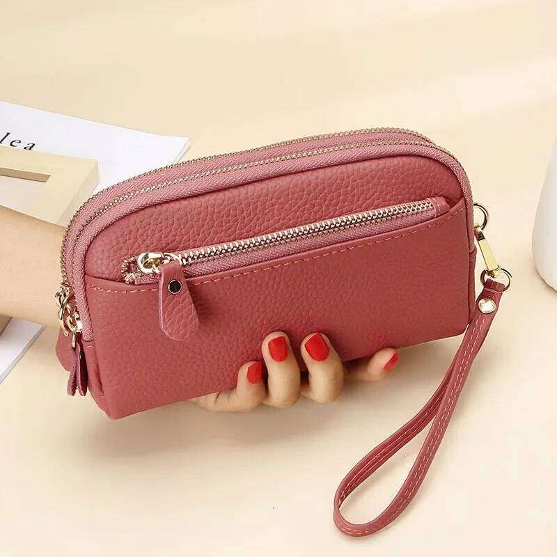 Genuine Leather Women Double Zip Wallet 2024 new Ladies Clutch Cowhide Wristlet Bag Coin Purse Fashion Mobile Phone Bags Y260206