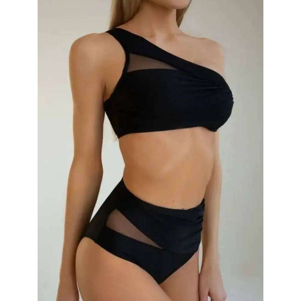 Cikini-Women's Split Solid Color Mesh Spliced Bikinis Set, Pleated Swimsuit, Summer Beach Swimwear, Bathing Suit for Women XJ260206