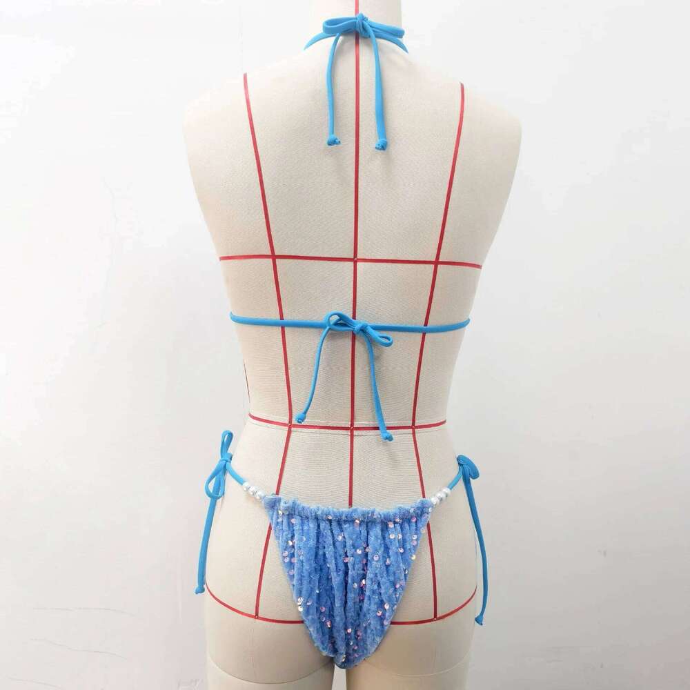 Melphieer Summer Beach Women Blue Pink Sparkle Sequins Pearls Bikinis 2pcs Bikini Set Swimwear Swimming Bathing suits Z260206