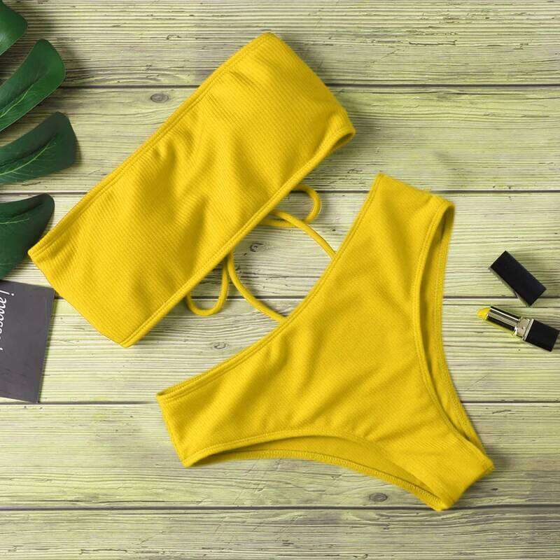 2024 New High Waist Strapless Sexy Bikini Swimwear Women Fashion Swimsuit Padded Bathing Suit Monokin Pure Color Z260206