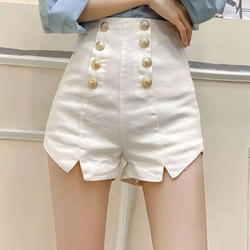 Summer New Korean Double Breasted Black A-line Shorts Women High Waisted Pockets Sexy Trendy Straight Thin Short Pants 2024 XJ260206