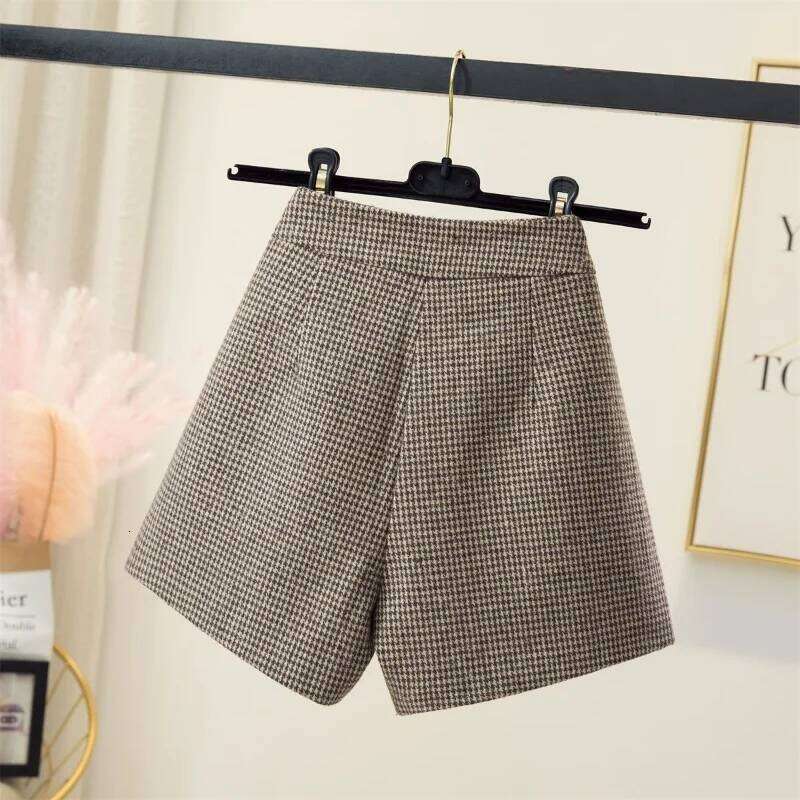 Wool Houndstooth For Women Autumn Winter New Arrival High Waist A Line Wide Leg Slim Fit Outerwear Boot Shorts XJ260206
