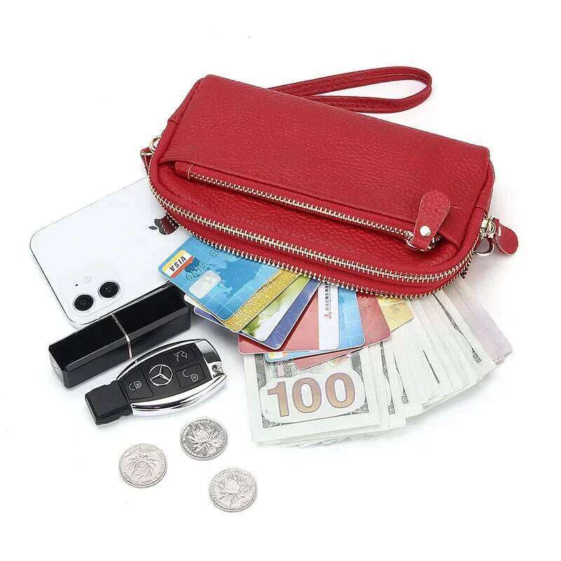 Genuine Leather Women Double Zip Wallet 2024 new Ladies Clutch Cowhide Wristlet Bag Coin Purse Fashion Mobile Phone Bags Y260206