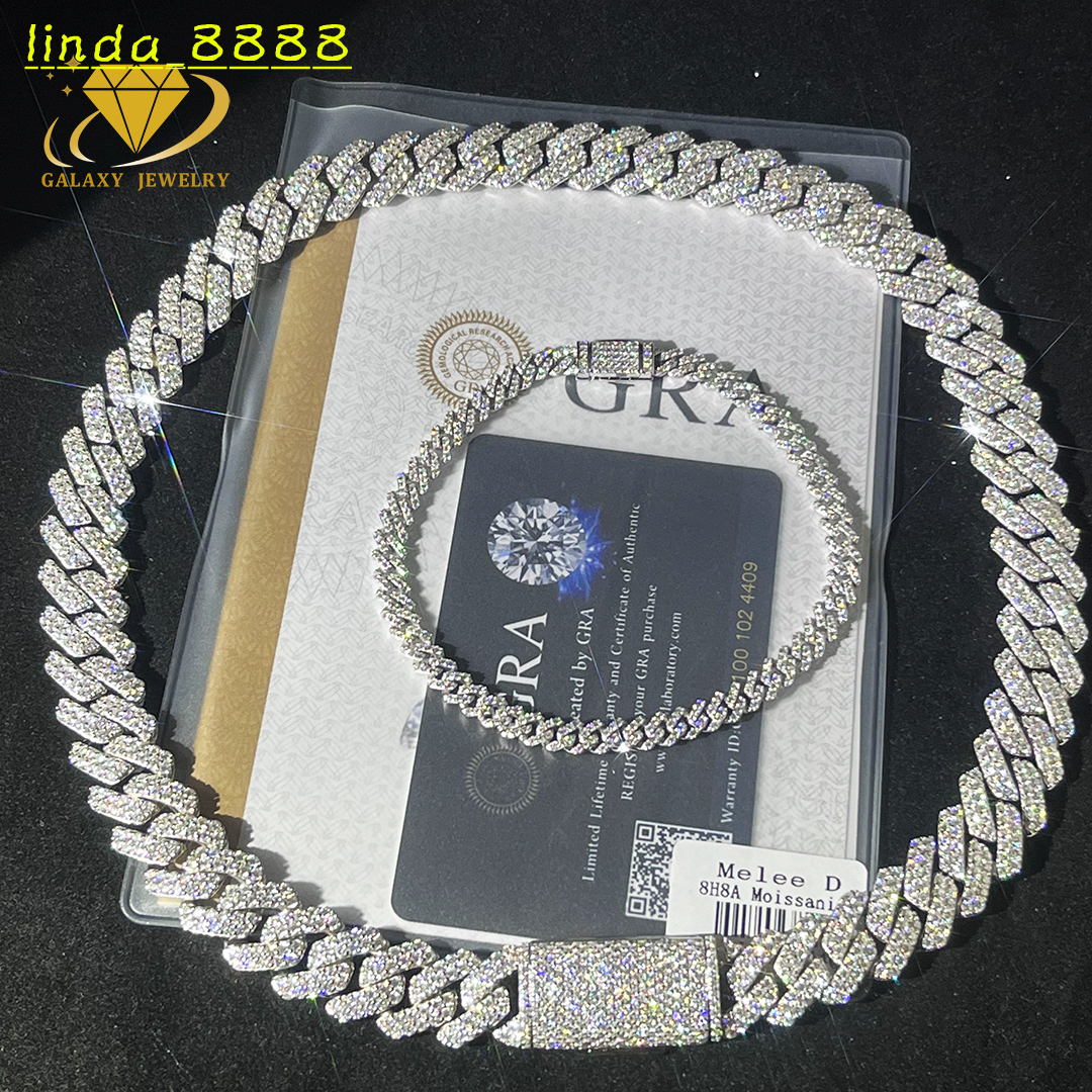 Hot Selling Pass Diamond Tester 925 Silver Moissanite 12mm Cuban Link Two Rows Iced Out 6mm Hip Hop Diamond Cuban Chain