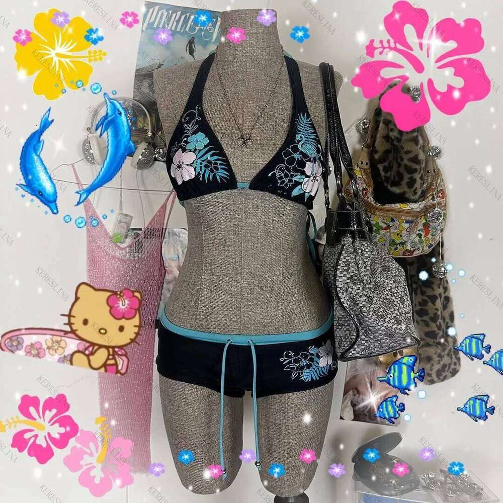 Y2k Vintage Flower print Cutie 2 set Bikini Swimsuit Sexy Women Bathing Fashion Halter Strap Swimwear High Street Beach Female Z260206