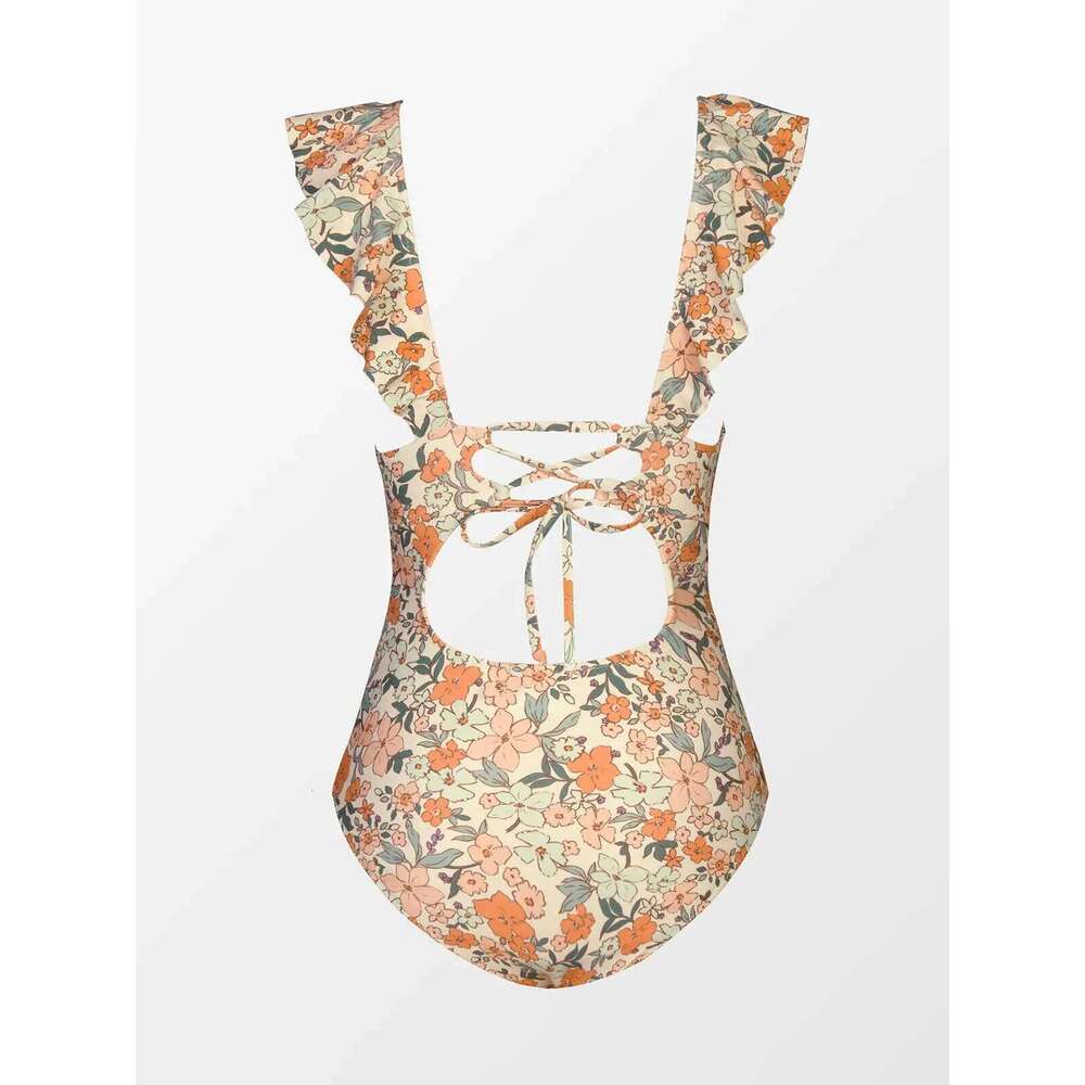 One Piece Swimsuit Women Ruffled Bathing Suits V Neck Lace Up Tummy Control Swim Suit Z260206