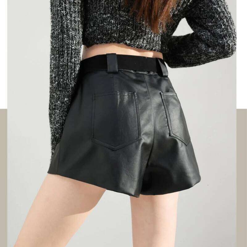 High Quality PU Leather Shorts Women Fall Winter High-waisted Wide-leg Boots with Belt Female Vintage A-line Short Pant 2025 XJ260206