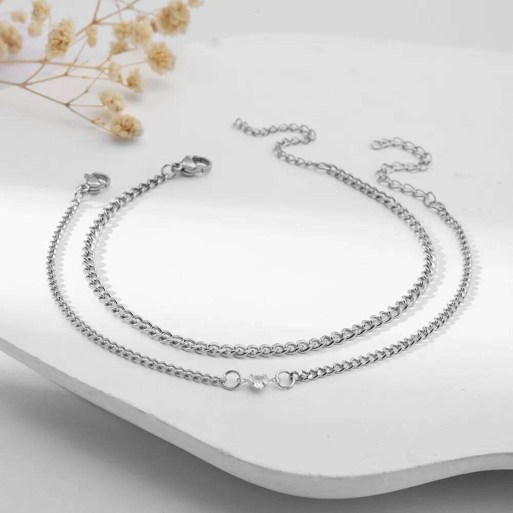 2pcs Set Exquisite Stainless Steel Claw-set Zircon Heart Shape Cuban Chain Couples Bracelets for Men Women Friends Jewelry Sets 26H0206