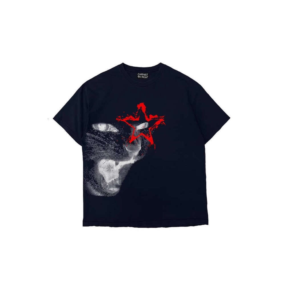 250g heavyweight pure cotton! American-style oversized rock cat print couple's loose-fitting short-sleeve T-shirt for women and men Y2K