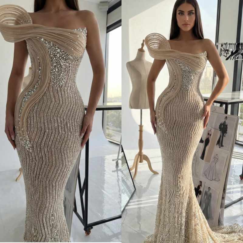 Customized Sexy One Shoulder Sequined Mermaid Evening Gown Elegant Sleeveless Lace Prom Dress Crystal Floor Length Party Gown