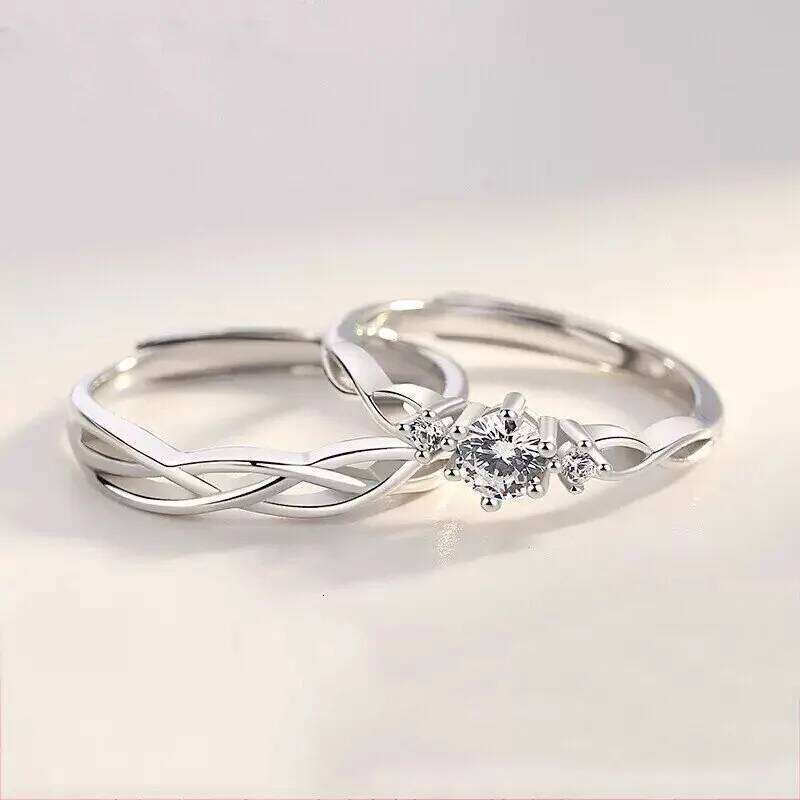 2Pcs Korean Fashion Simple Zircon Rings For Women Men Couple Goth Luxury Opening Finger Ring Lover's Jewelry Gifts W260206