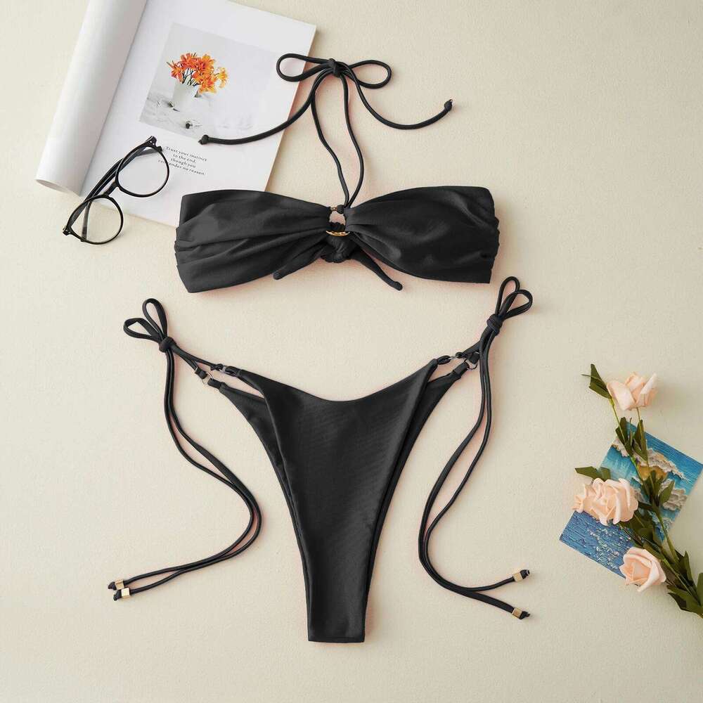 2025 Women's Patchwork Summer Bikini Set Solid Color Metal Ring Strapless Bra with Tie-up Low Waist Shorts 2 Pcs Swimsuit Z260206
