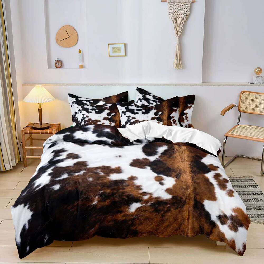 3Pcs Brown And Black Cow Pattern Yak Leather Printed Duvet 1*Duvet Cover &2 Pillowcase Comforter Not Included XJ260206