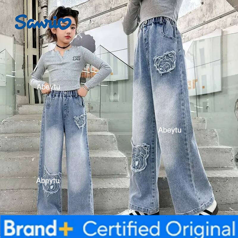 Sanrio New Autumn Korean Children With Cartoon Cat For Girl Elegant Straight Fit Denim Pants Kids Fashion Street Jeans Trousers H260206