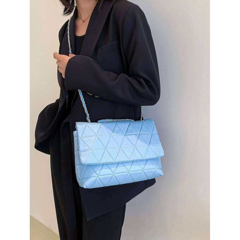Fashion Blue Pu Flap Golden Large Capacity Niche Geometric Handbag Women's Embroidery Thread Metal Chain Shoulder Bag Y260205