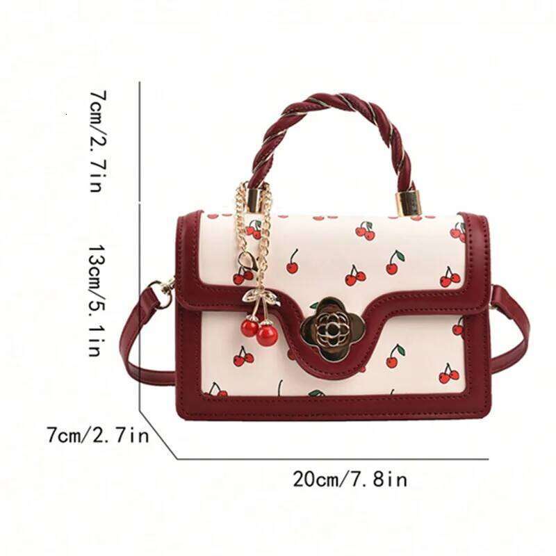 High End Pu Cherry Print Square Tote Bag, Versatile Stylish Shoulder Crossbody Bags for Women Teen Girls Shopping, Work, Dating Y260205