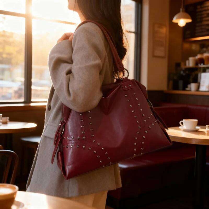 2025 Studded Shoulder Women, Large Tote Bag for Commute, Vintage Underarm Purse, Versatile Crossbody Handbag Y260205