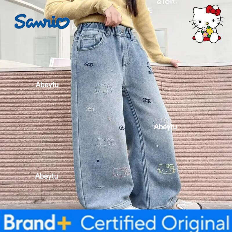 Sanrio Hello Kitty Girl Jeans Kawaii Y2K Anime Children's Clothing Clothes Pants Kids Winter Outerwear Soft Denim Straight Leg H260206