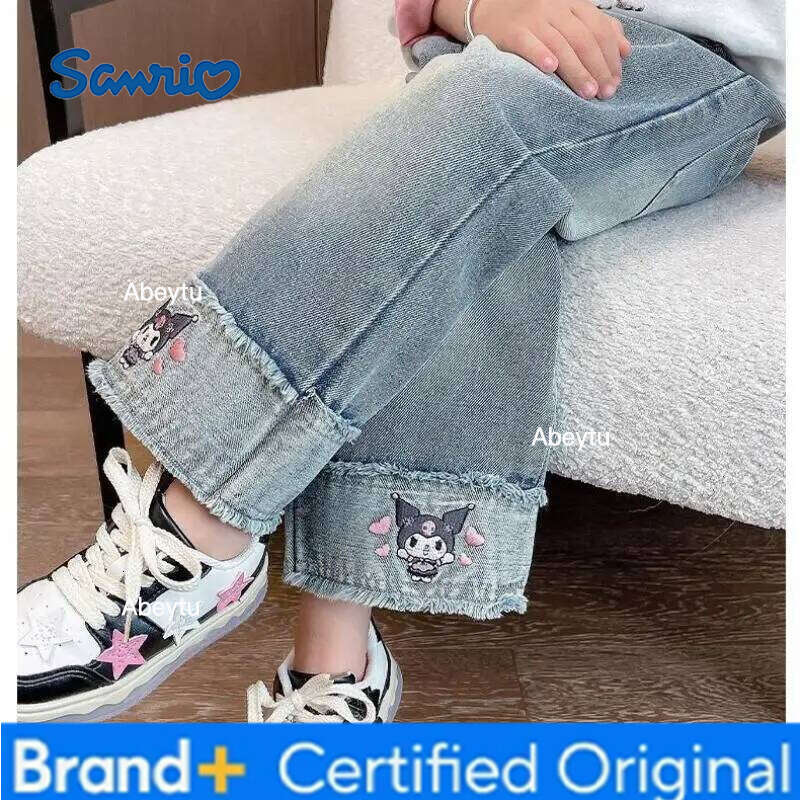 Sanrio Kuromi Girls Jeans Spring Autumn New Wear Outside Kawaii Cartoon Trousers Leisure Wide Leg Pants H260206