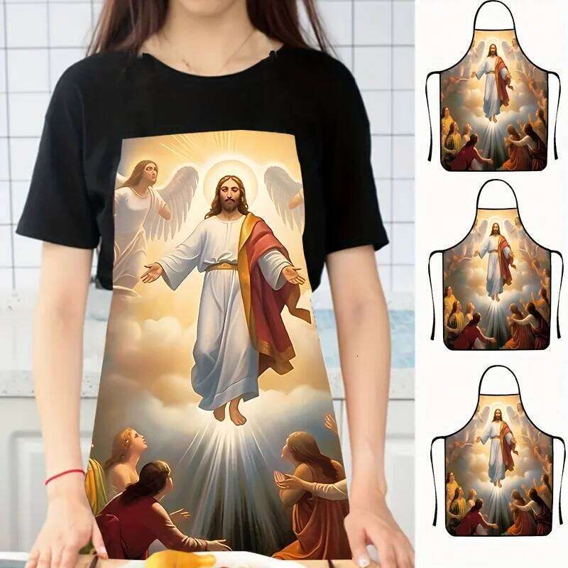 Jesus Print Polyester Apron - Vibrant Sleeveless Kitchen Bib with Ascension Design, Durable & Easy-Clean for Cooking, Grilling S260205