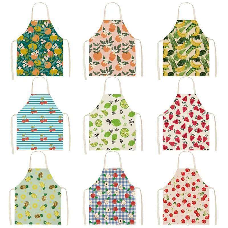 Fruit Cotton Linen Apron Cherry Orange Lemon Printed Kitchen Women Baking Waist Bib Home Cooking Sleeveless Pinafore Delantal S260205