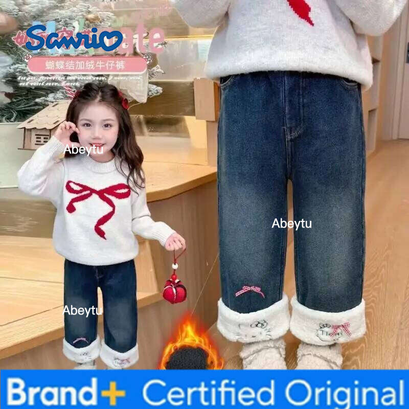 Sanrio Hello Kitty Jeans Warm Thickened Girls Children Baby Long Pants Autumn Winter New Casual Trousers Stylish Straight Leg H260206