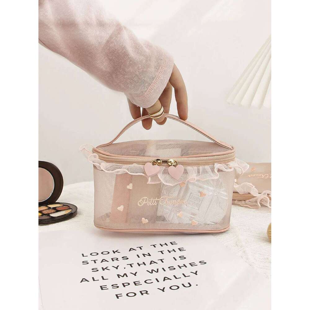 1 piece/set large capacity mesh multifunctional portable toiletries storage bag, ruffle makeup bag Y260206