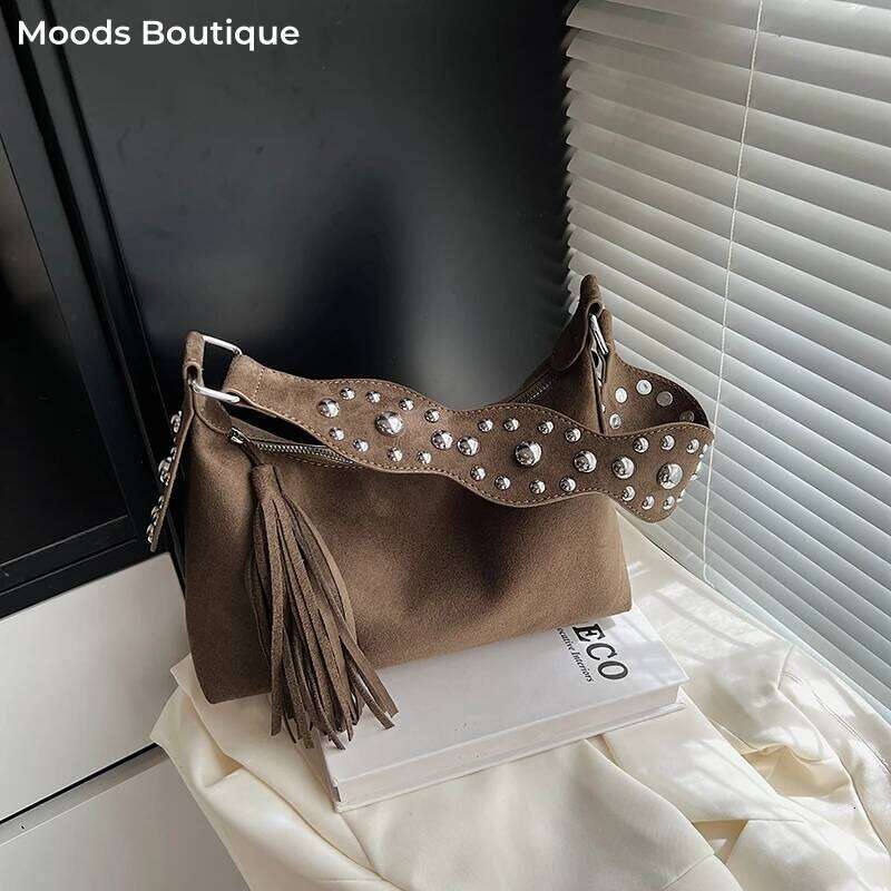 MOODS Fashion Shoulder Bags For Women Rivets Tassels Decored PU Suede Cross Body Bag 2025 Autumn Latest Luxury Designer Handbags Y260205