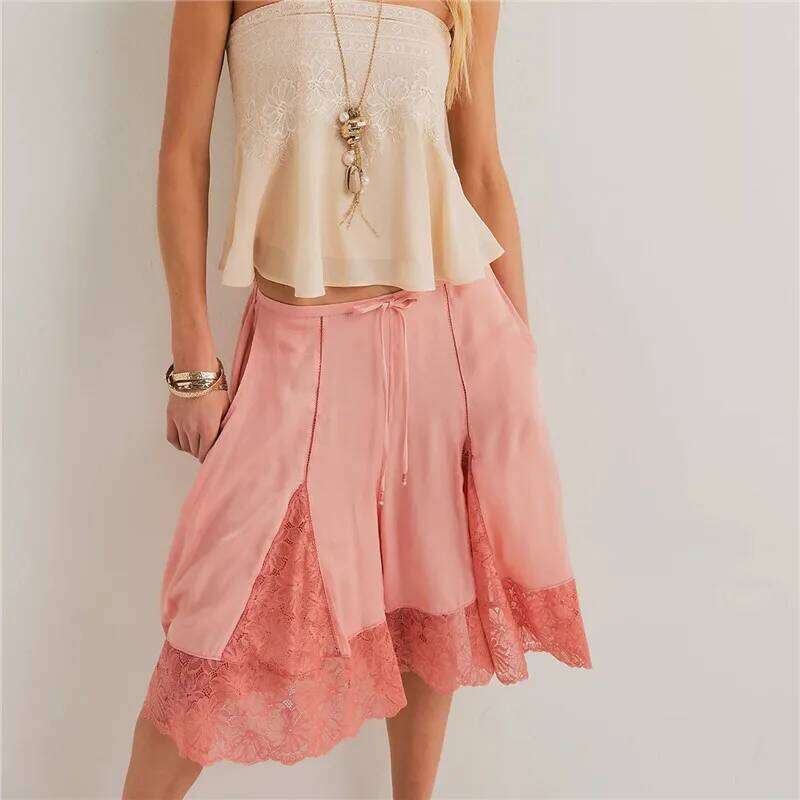 Women Lace Trim Shorts Y2k Satin Low Rise Half Slip Pajamas Cute Bow Coquette Pettipants Bloomers Patchwork Lounge Midi Pants XJ260206